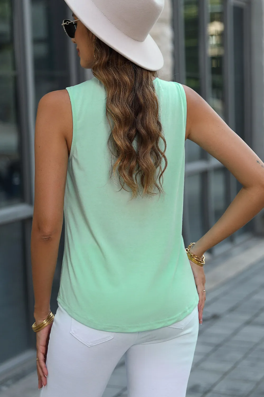 Pleated Round Neck Sleeveless Top