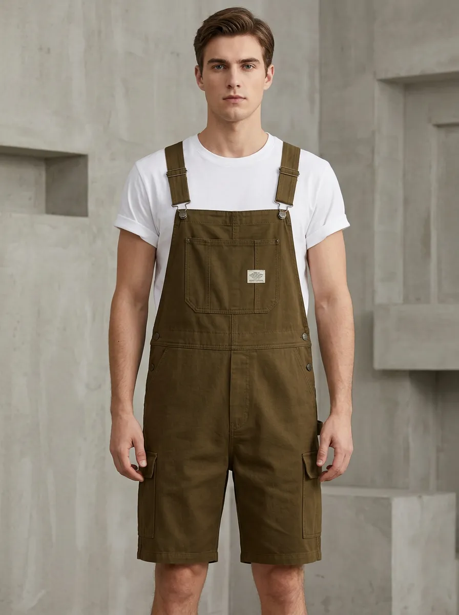 Men's Everyday Workwear Casual Cargo Bib Overalls Shorts