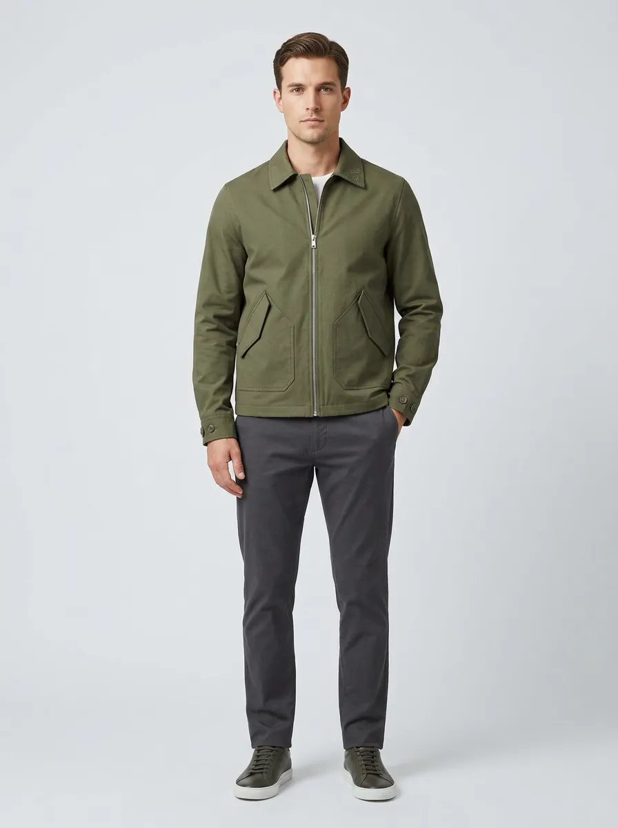 Men's Casual Olive Green Solid Zip-Up Harrington Jacket