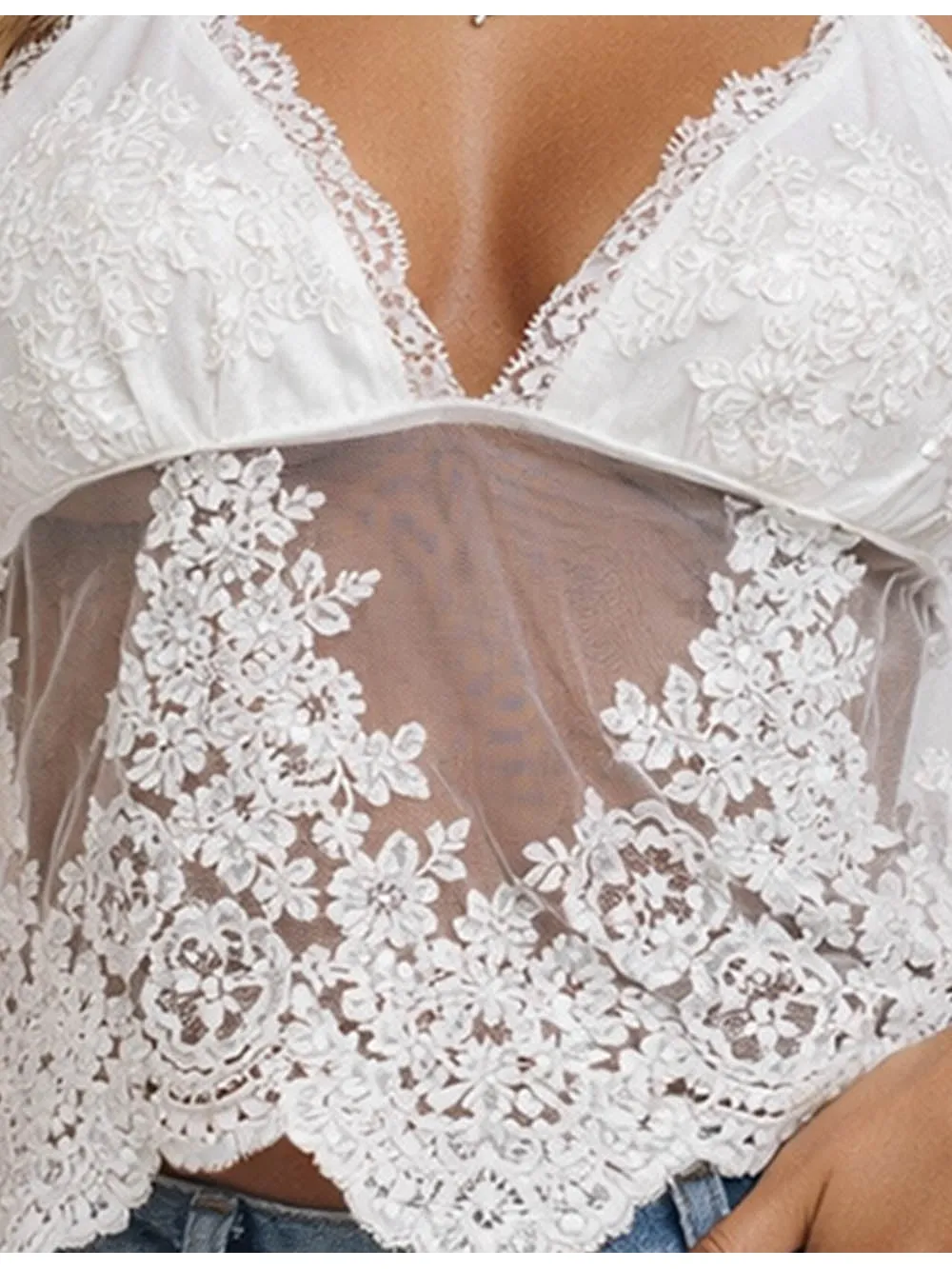 Halter Sheer Lace V Neck Back Sleeveless Top