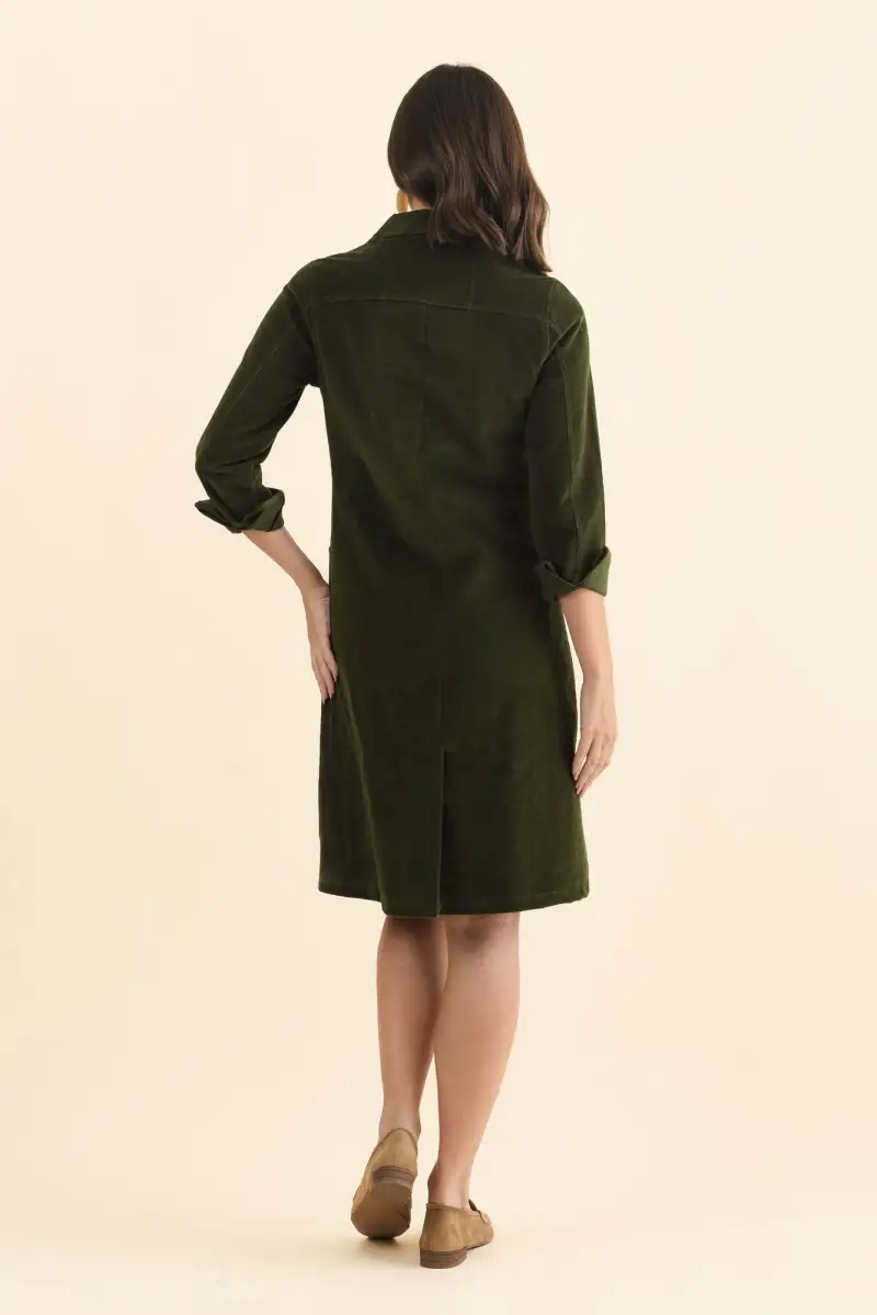 Knee-Length Cotton Button-Front Pocket Collared Long-Sleeve A-Line Dress
