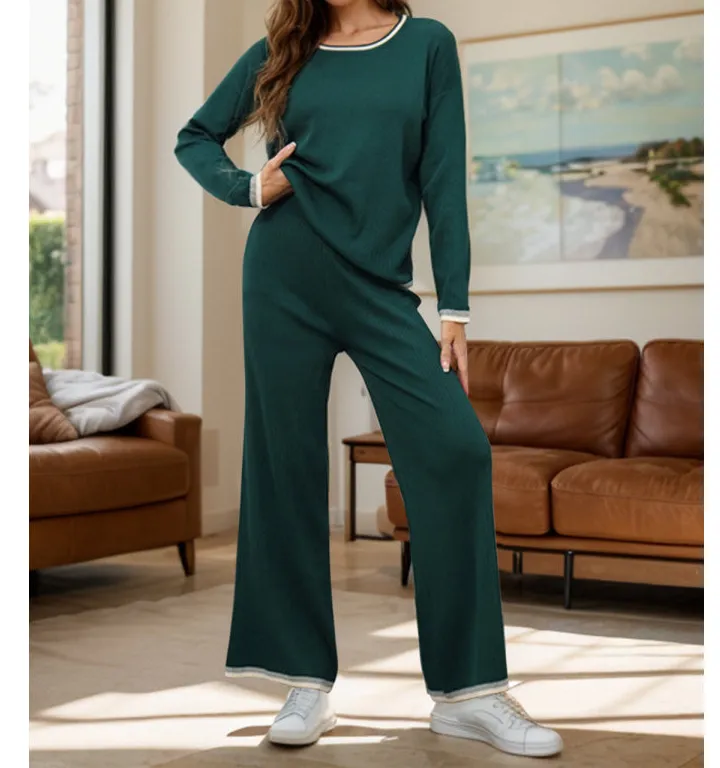 Contrast Trim Round Neck Top and Pants Sweater Set