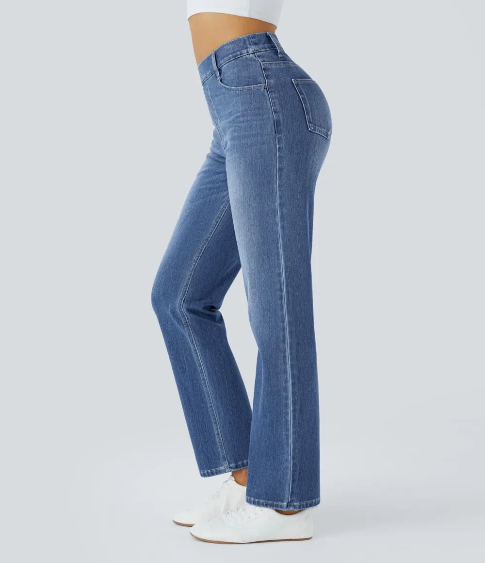 Magic High Waisted Multiple Pockets Straight Leg Washed Stretchy Knit Casual Jeans