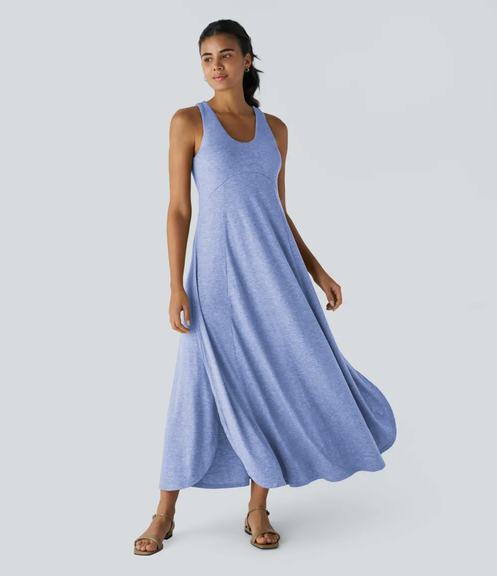 U Neck Backless Split Flowy Maxi Casual Tank Dress