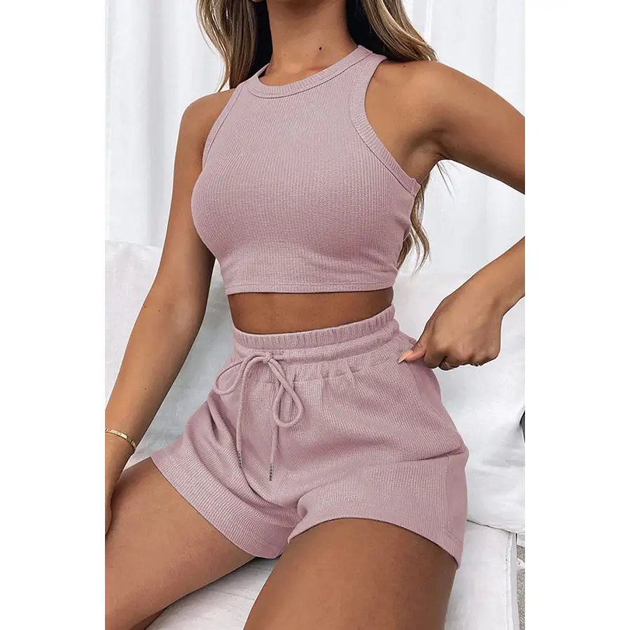 Relaxed Round Neck Top and Drawstring Shorts Set