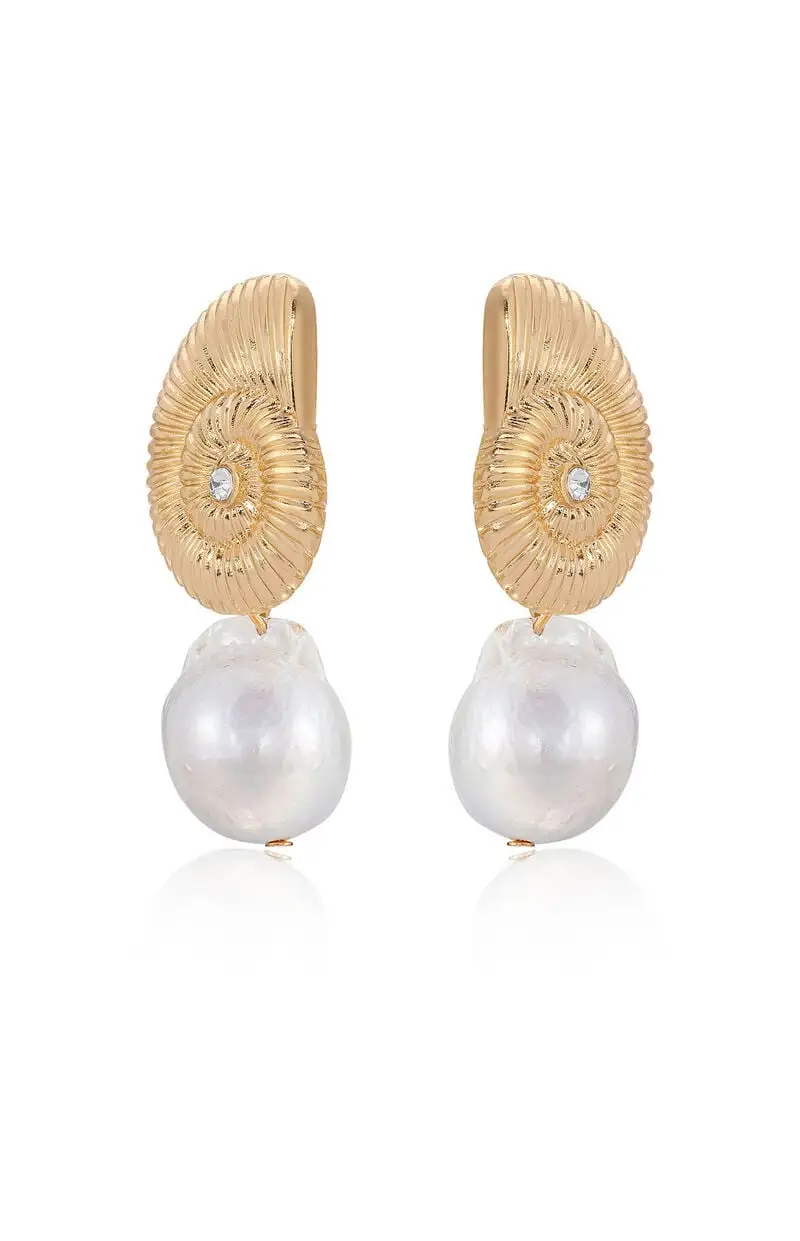 Ettika Nautilus Shell Freshwater Pearl Dangle Earrings