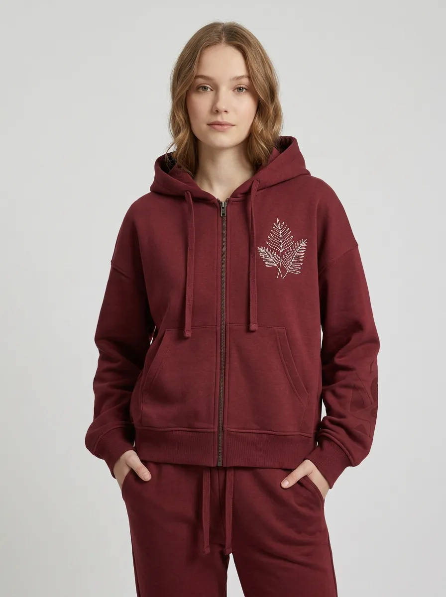 Women's Sage Green Fern Leaf Graphic Drawstring Hood Zip-Up Hoodie Jacket & Jogger Set