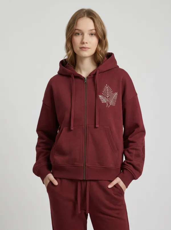 Women's Sage Green Fern Leaf Graphic Drawstring Hood Zip-Up Hoodie Jacket & Jogger Set