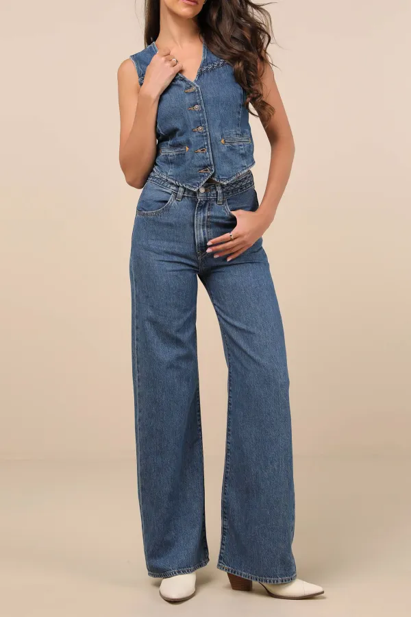 Daily Dark Wash Denim Braided Wide-Leg High-Rise Jeans