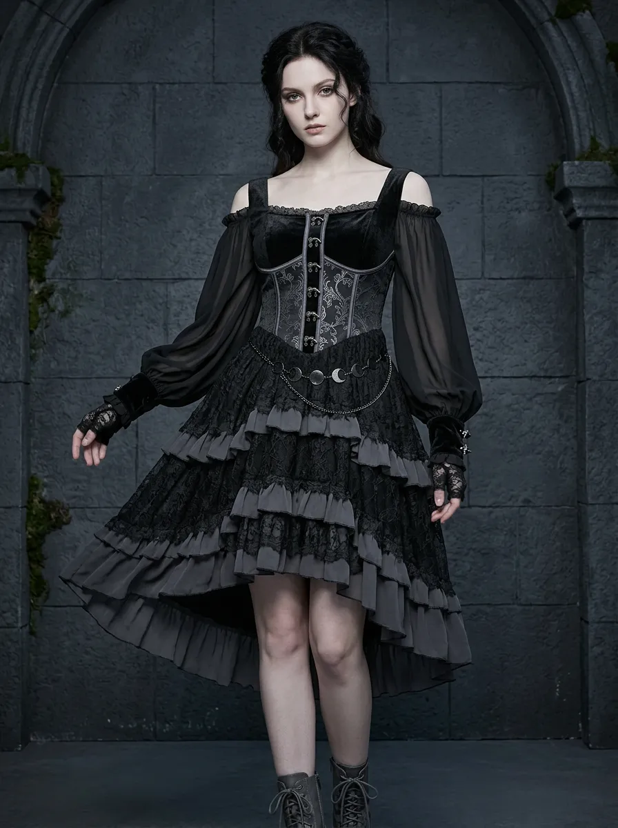 Women's Gothic Victorian Corset Lace Ruffle Printed Mini Dress