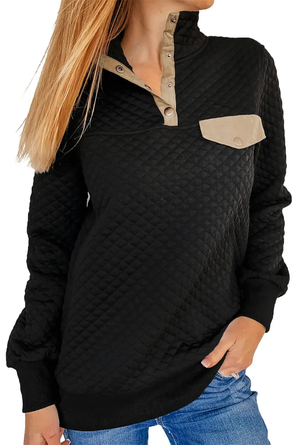 Quilted Snaps Stand Neck Fake Front Pocket Sweatshirt