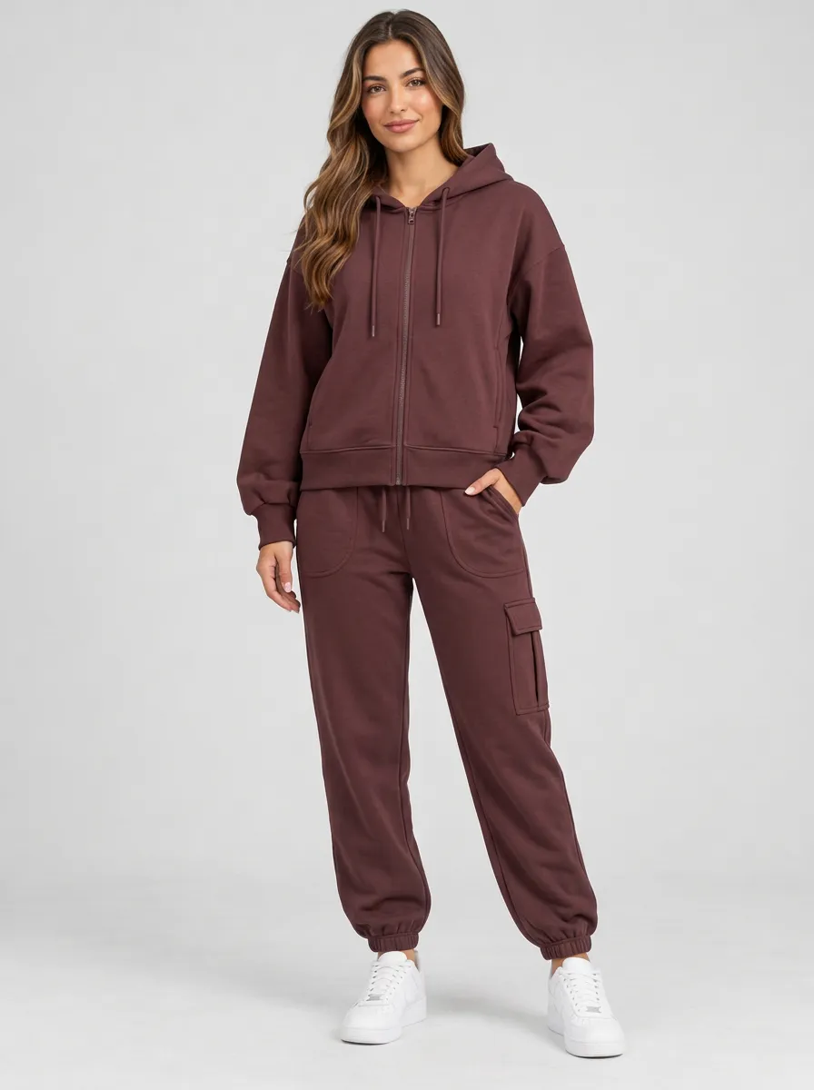 Women's Casual Solid Maroon Zip-up Hoodie and Cargo Jogger Set