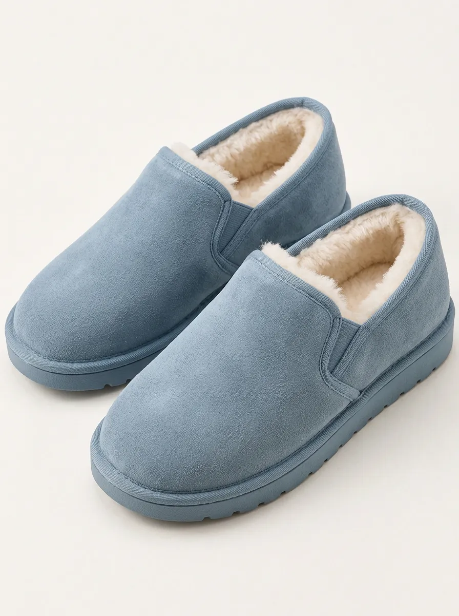 Blue Faux Fur Lined Suede Look Slippers with a Relaxed Profile