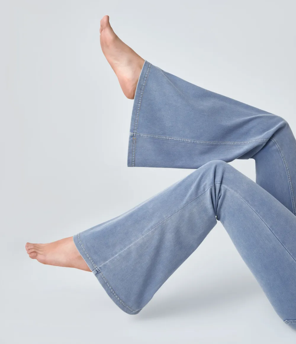 Magic High Waisted Crossover Pocket Cool Touch Washed Stretchy Knit Casual Super Flare Jeans