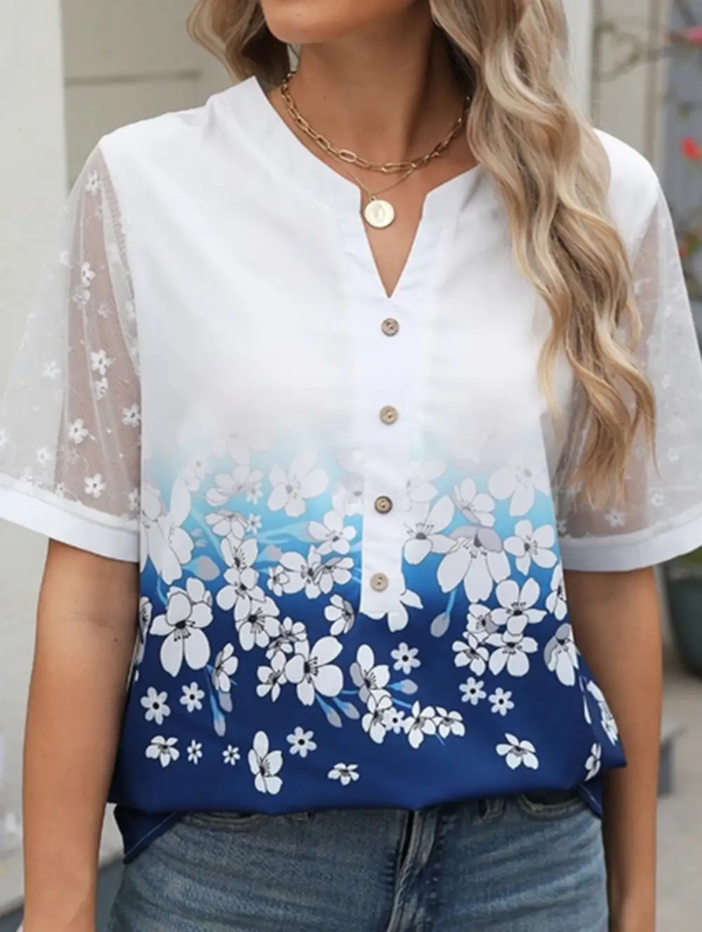 Printed Lace Detail Blouse