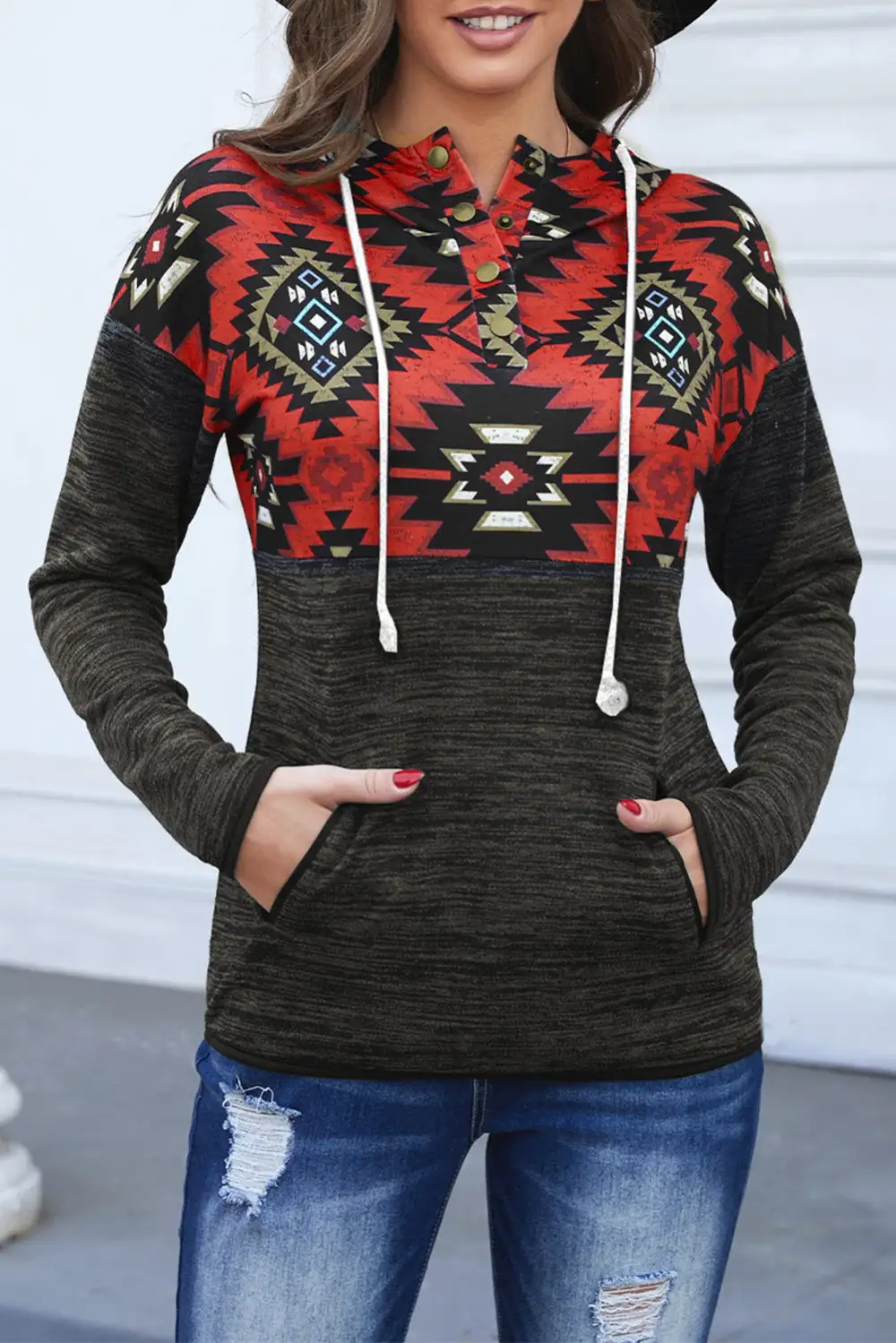 Tribal Geometric Print Pocket Hoodie