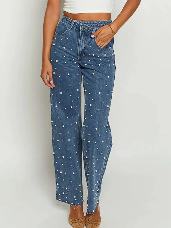 Easygoing High-Waist Washed Pocketed Stretch Straight Leg Jeans