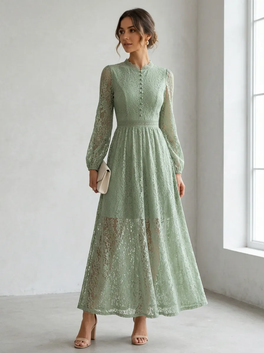 Women's Elegant Sage Green Floral Lace Long Sleeve Maxi Dress