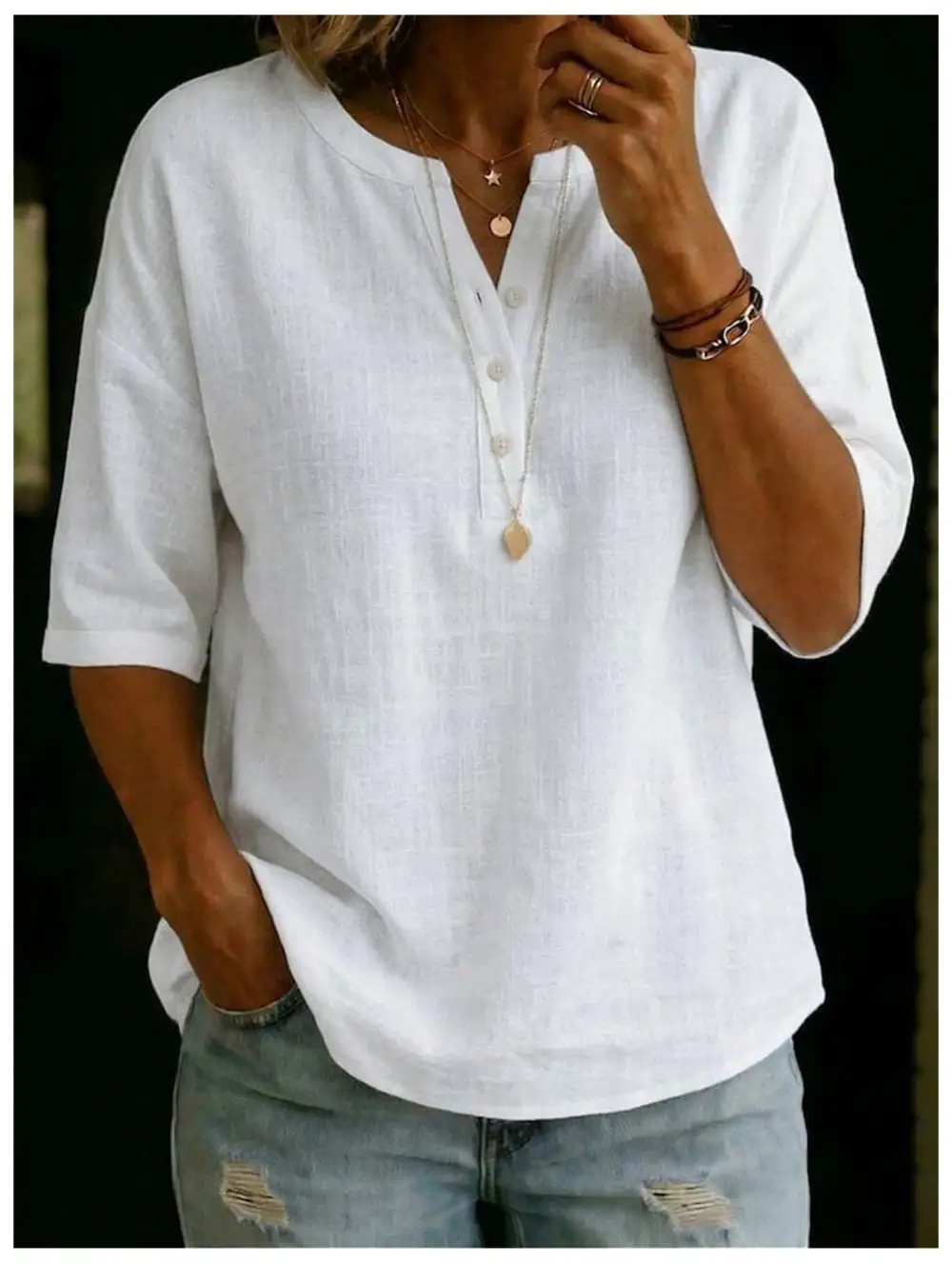 Linen V Neck Loose Shirt