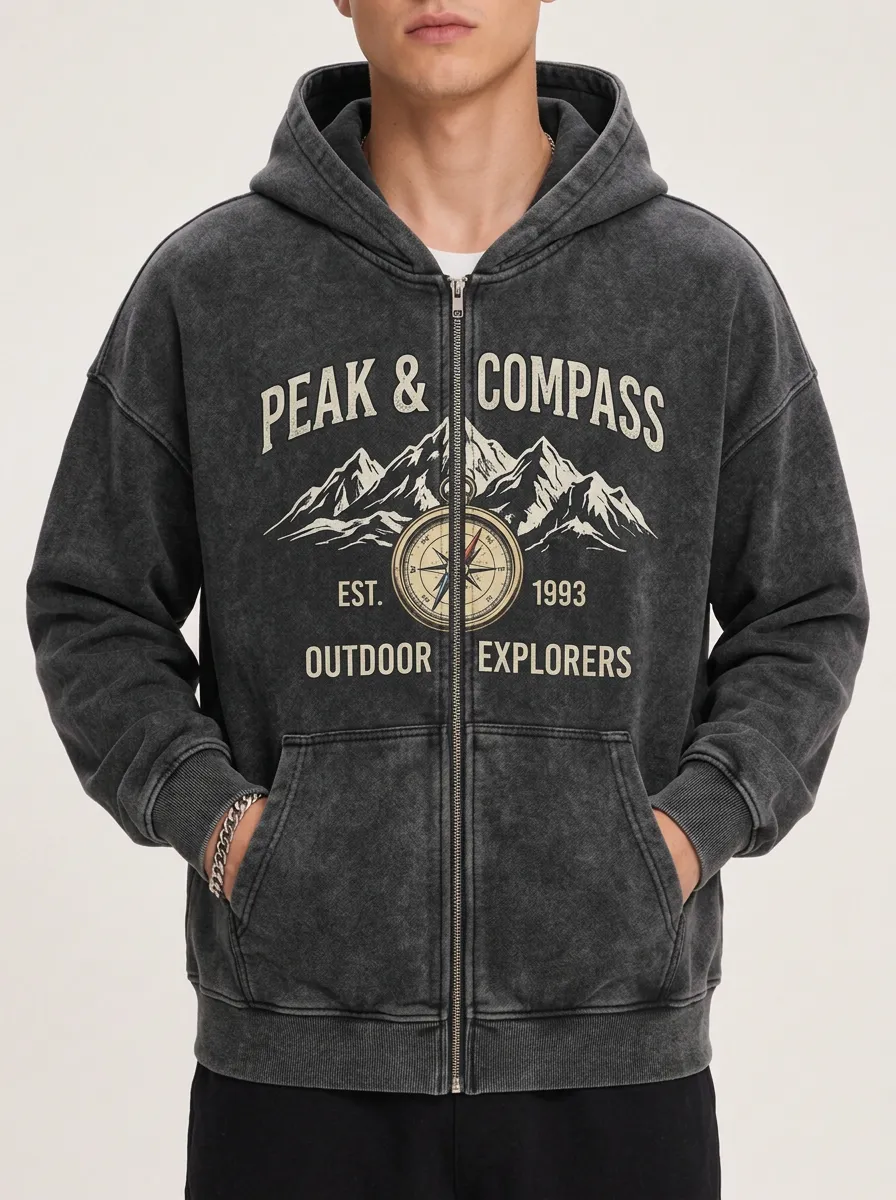 Men's Acid Wash Graphic Zip-Up Hoodie