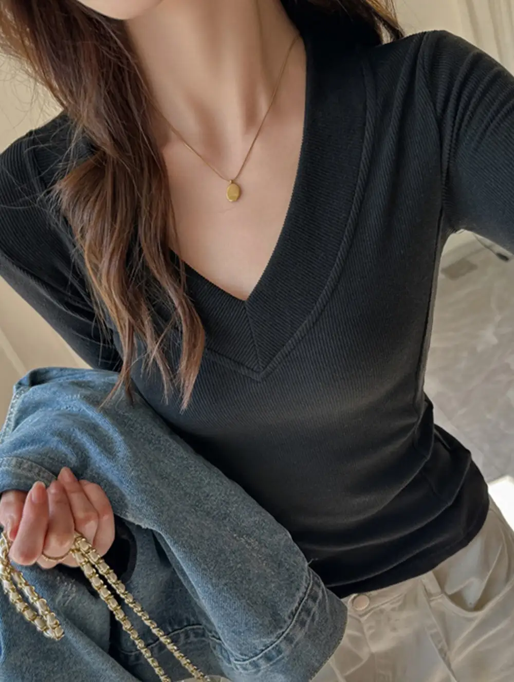 V Neck Thermal Base Top Slim Fit Blouse