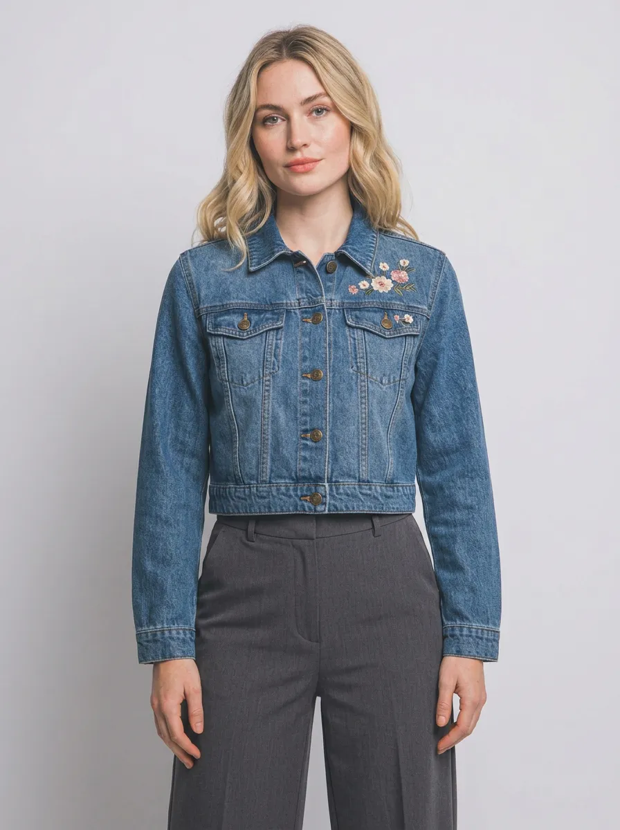 Women's Blue Floral Embroidered Cropped Denim Trucker Jacket
