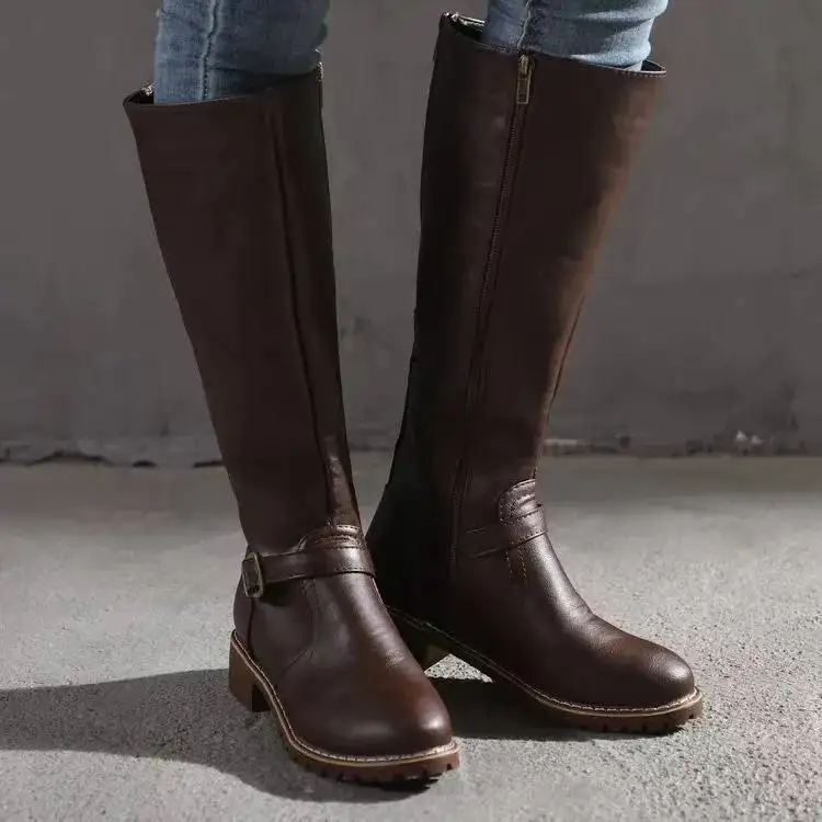 Leather Knee Tall Boots Comfortable Flat Riding Style Boots