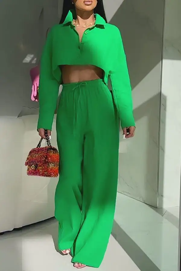 Solid Color Wide-Leg Collared Pant Set