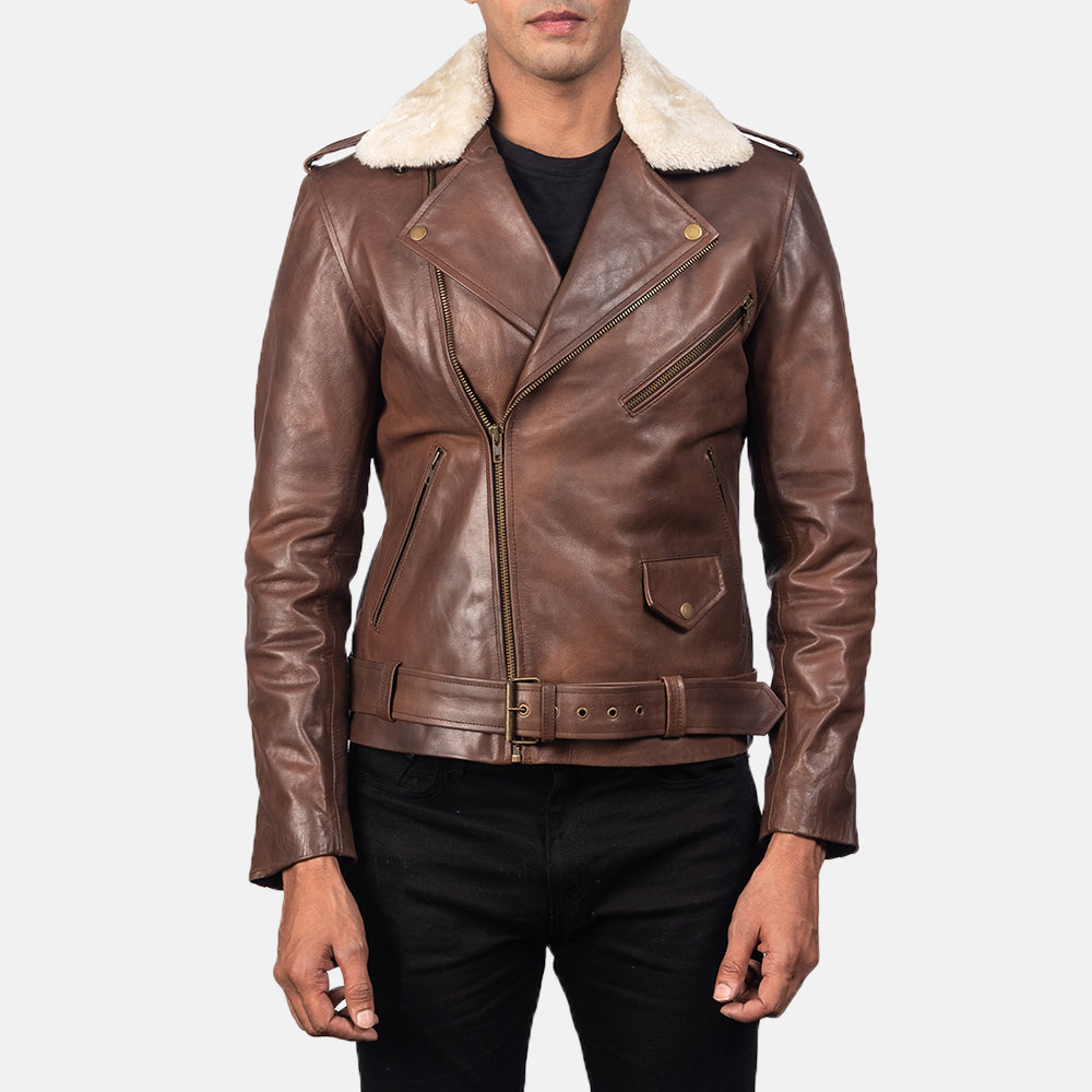 Men's Biker Leather Fur Trim Jacket