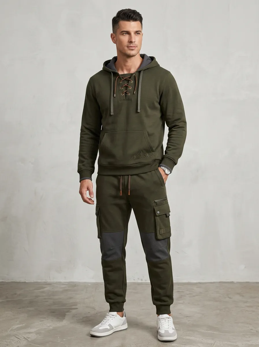 Daily Lace-Up Mountain Graphic Daily Wear Men's Lace Up Hoodie And Cargo Jogger Set