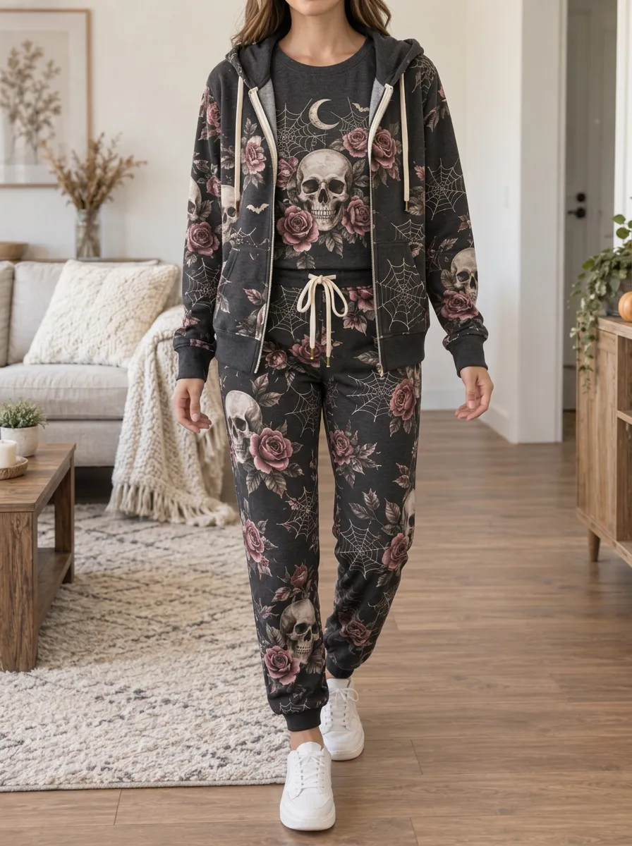Women's Halloween Gothic Skull Rose Spiderweb Ribbed Trim Jogger Set