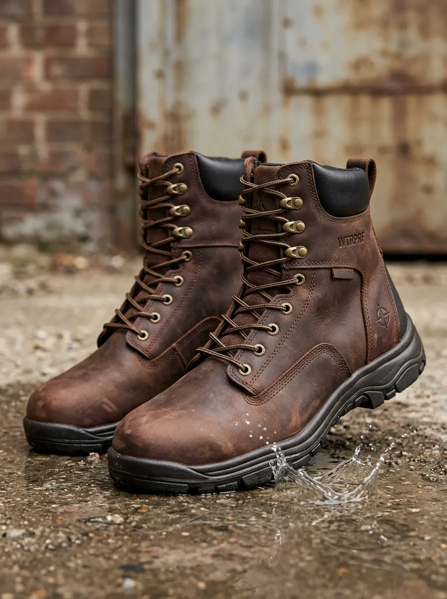 Men's Waterproof Brown Leather Compass Printed Work Boots