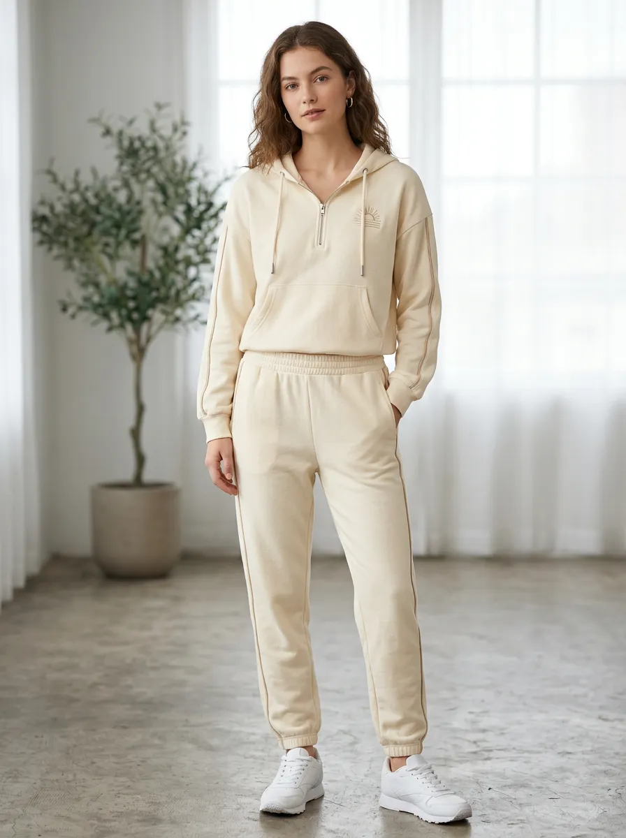 Women's Minimalist Boho Sun Printed Quarter-Zip Hoodie Jogger Set