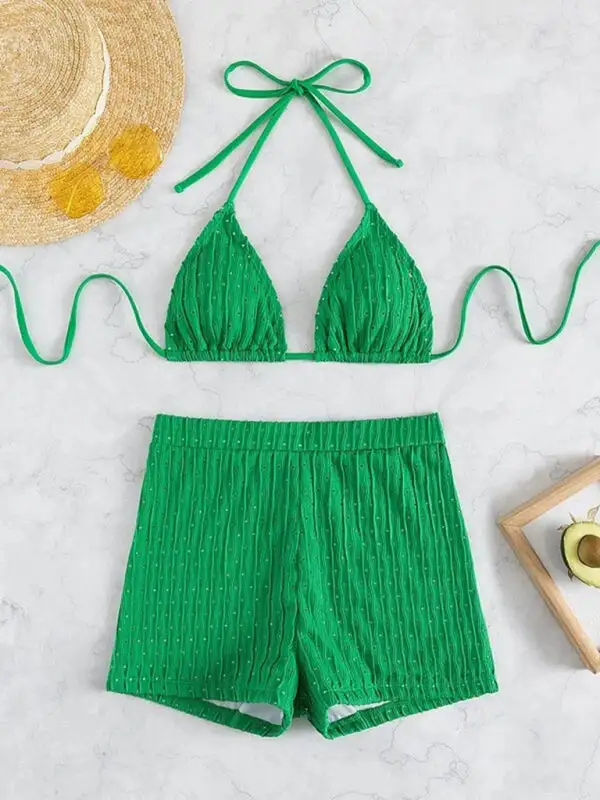 Lace Up Textured Coordinated Bikini Swim Set