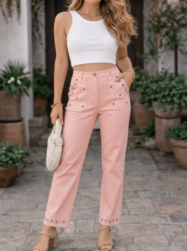 Women's Floral Embroidery White Mid-Rise Straight Leg Pants