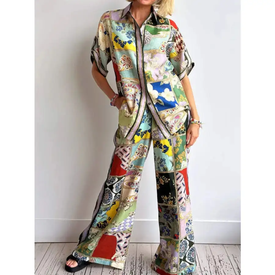 Lightweight Printed Button Up Shirt and Pants Set