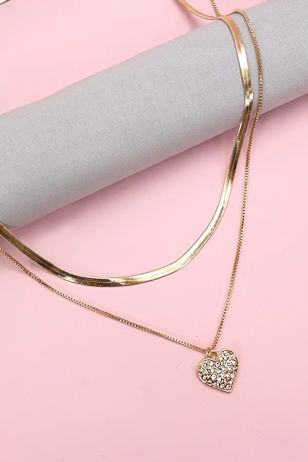 Double Layer Rhinestone Heart Necklace