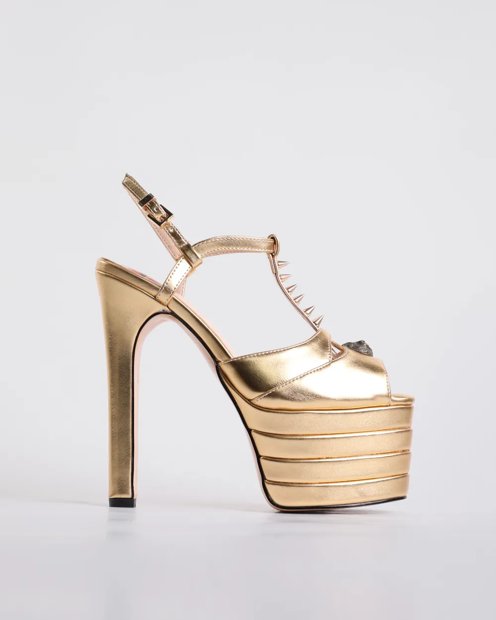 Rivet Strap Platform Heels in Gold