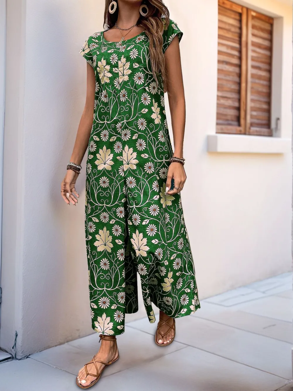 Round Neck Cap Sleeve Wide Leg Jumpsuit