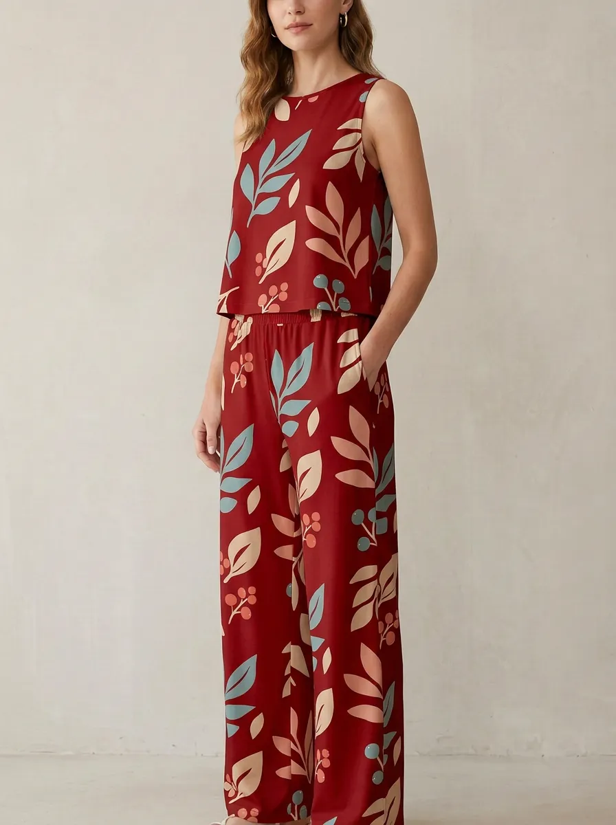 Women's Botanical Berry Print Sleeveless Top And Wide-Leg Trouser Lounge Set