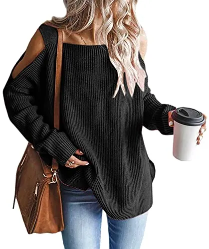Women's Cold Shoulder Oversized Sweaters Batwing Long Sleeve Square Neck Chunky Knit Fall Tunic Sweater Tops