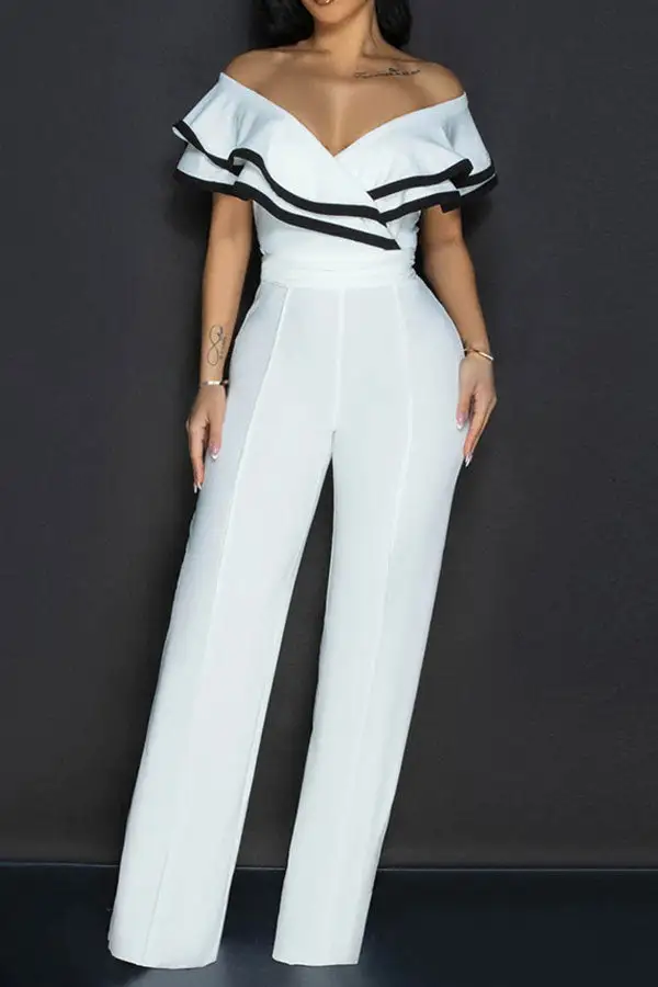 Off-Shoulder Ruffle Patchwork Lace-Up Jumpsuit