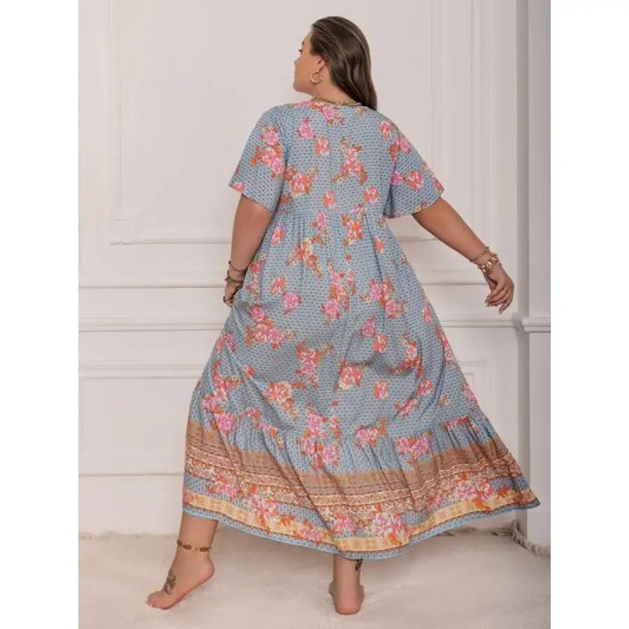 Relaxed Plus Size Printed Tie Neck Flutter Sleeve Maxi Dress