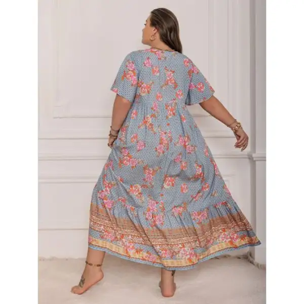Relaxed Plus Size Printed Tie Neck Flutter Sleeve Maxi Dress
