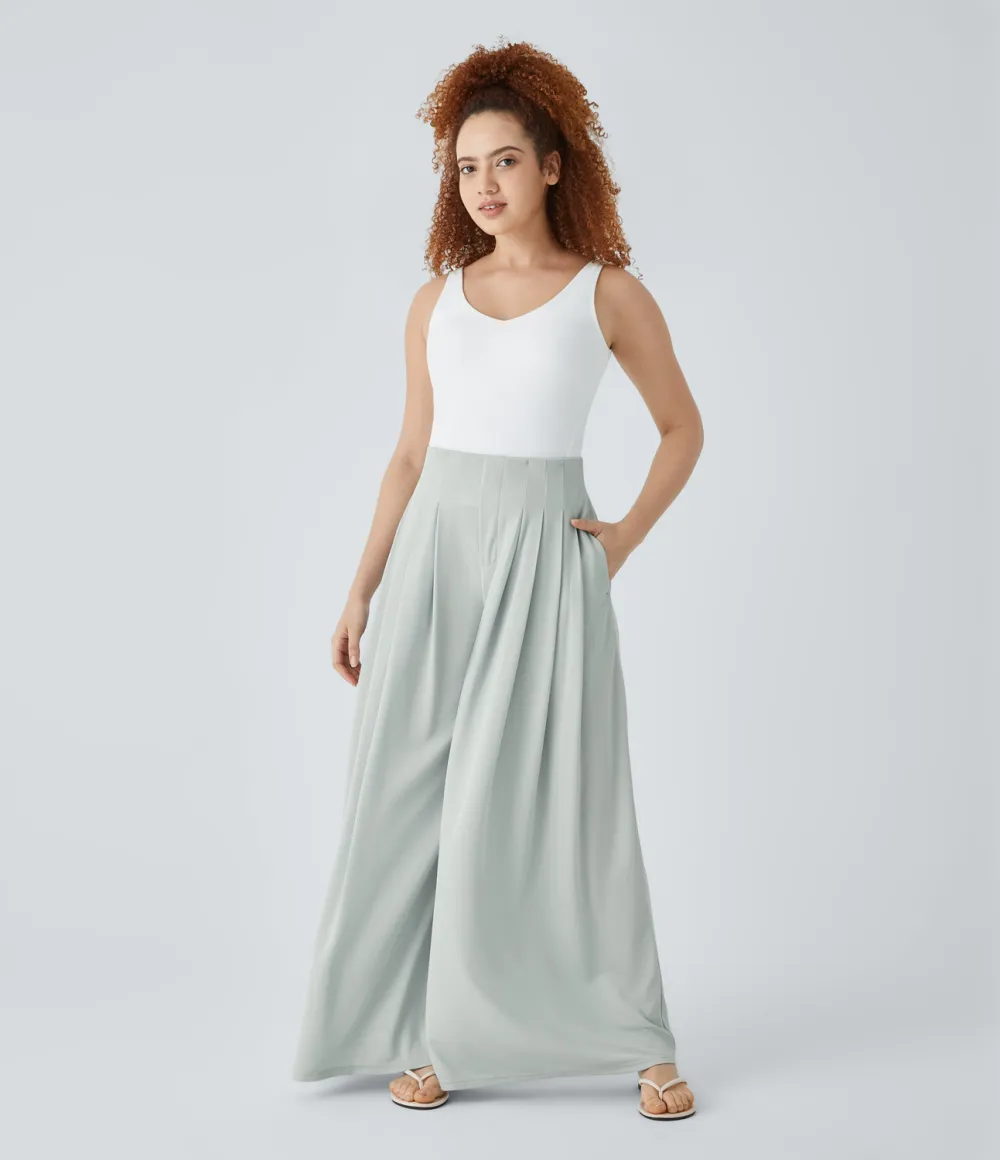 High Waisted Pleated Side Pocket Flowy Wide Leg Palazzo Waffle Casual Pants