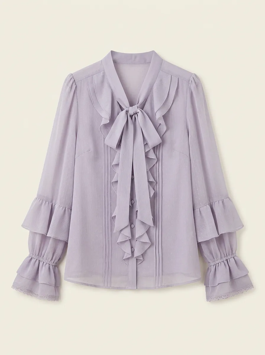 Women's Lavender Swiss Dot Ruffle Tie-Neck Long Sleeve Blouse