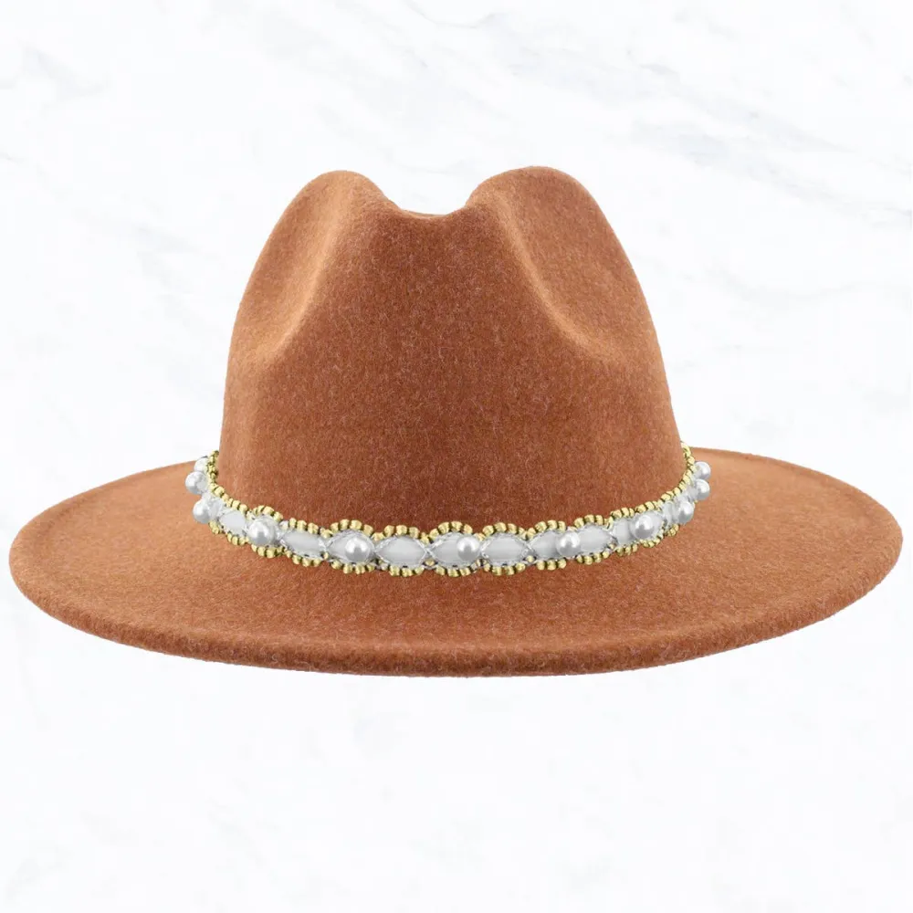 Woman Jazz Hat Pure Wool Top Pearl Belt Hat