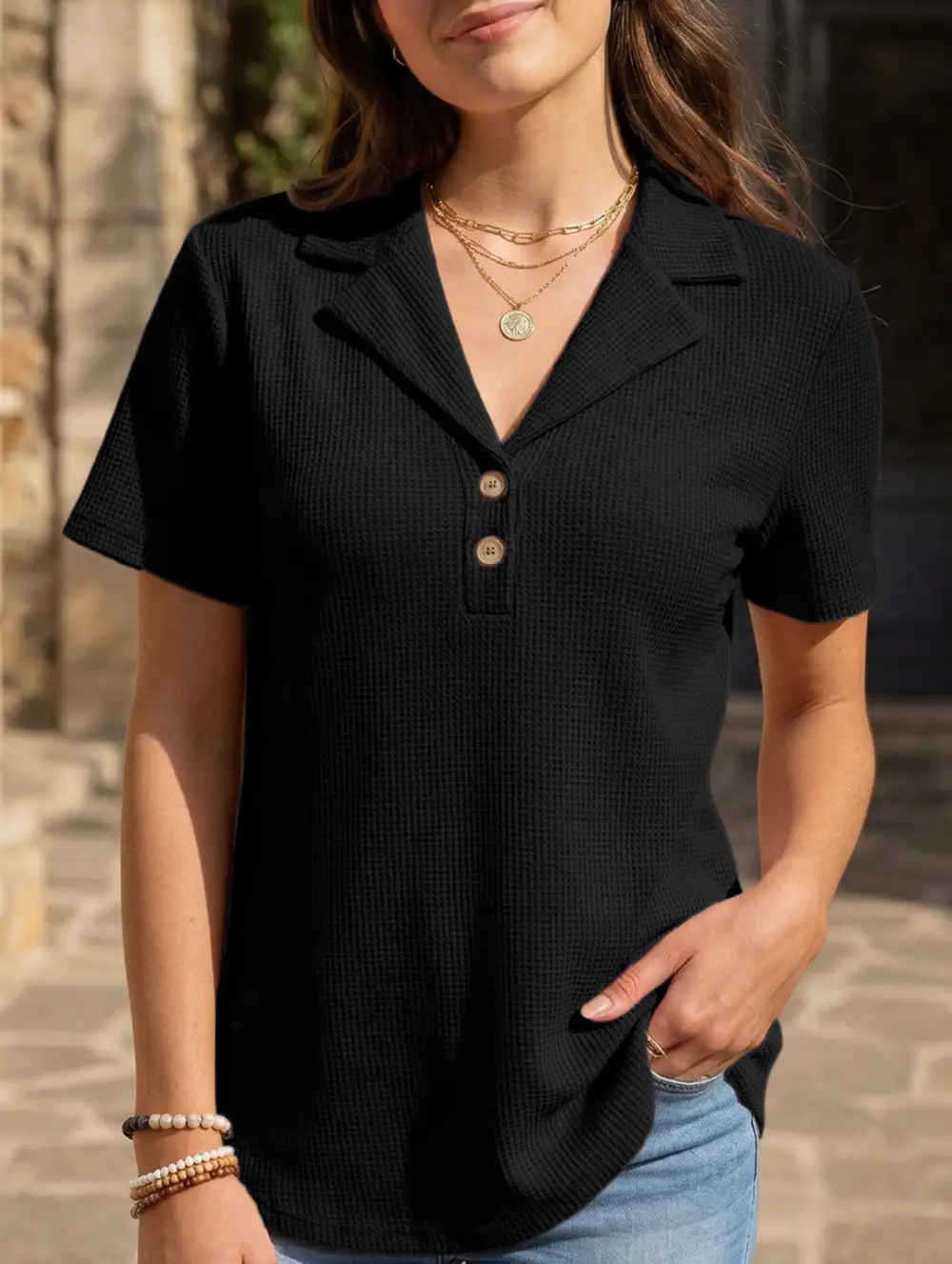 Lapel Waffle Knit Short Sleeve Top