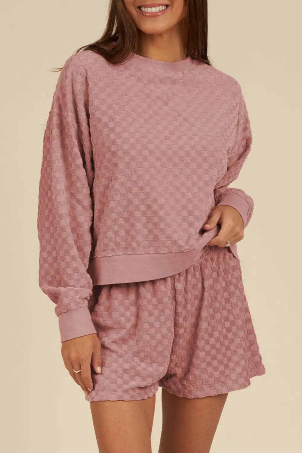Women's Checkered Textured Long Sleeve Top and Shorts Set