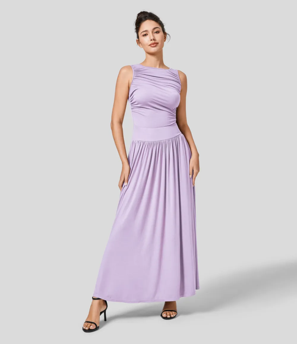 Ribbed Boat Neck Ruched Side Pocket Flowy Maxi Casual Dress